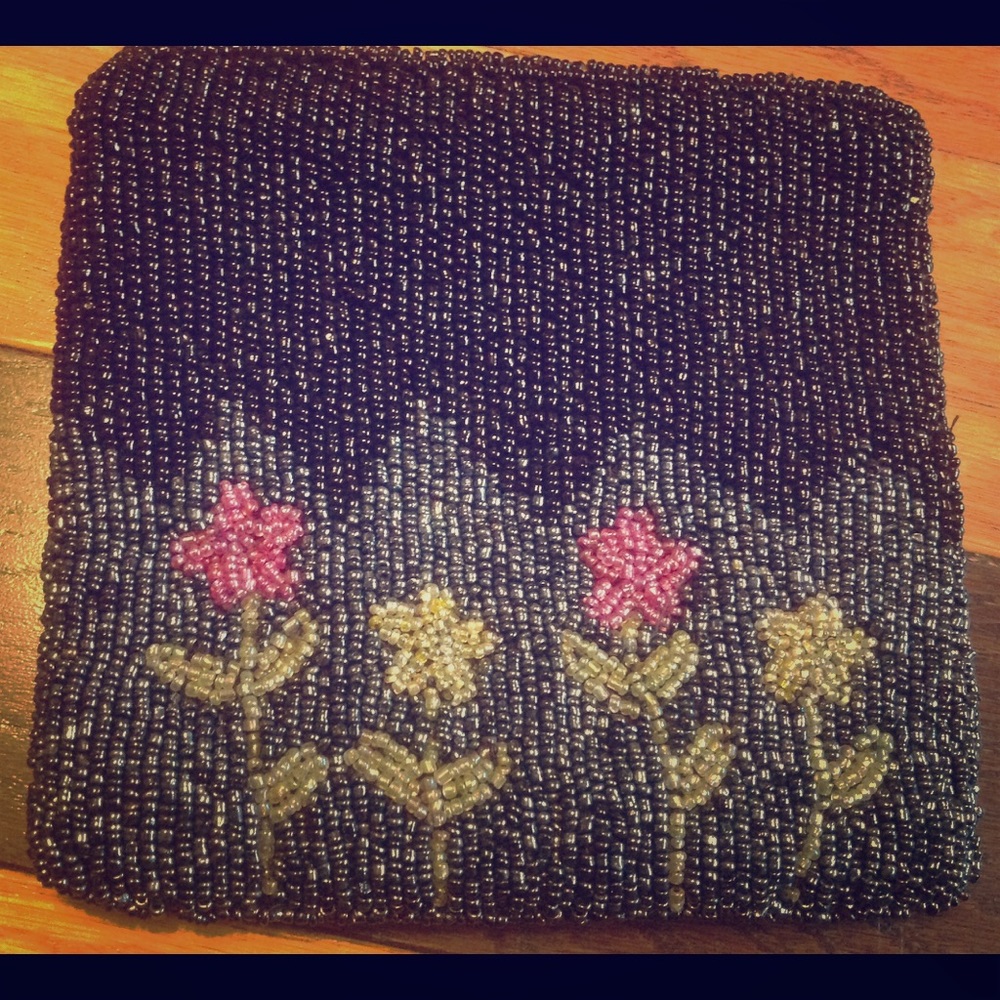 Hand beaded flower garden purse clutch zipper 6x6"